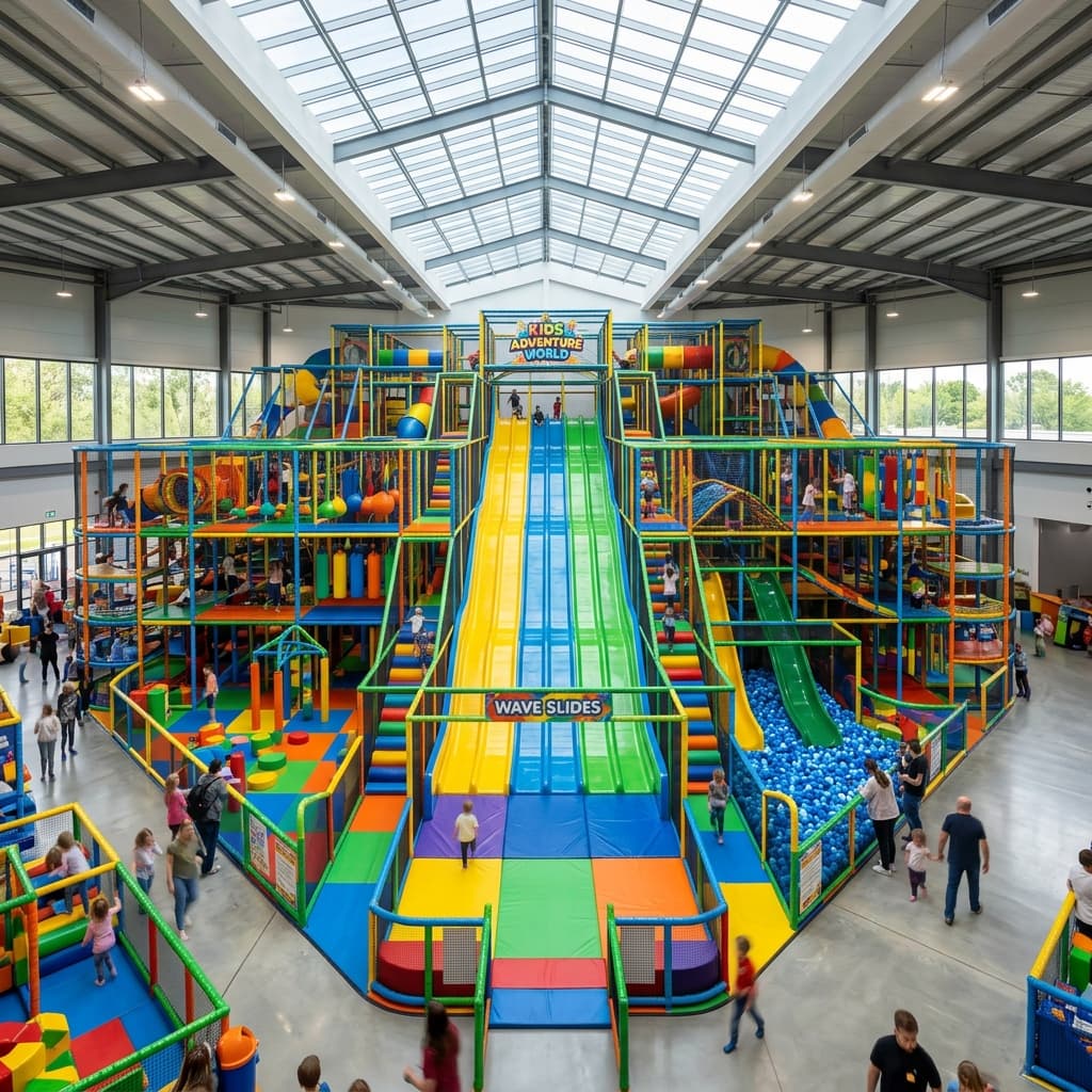 Huge multi-level indoor kids play structure with wave slides and colorful soft play obstacles